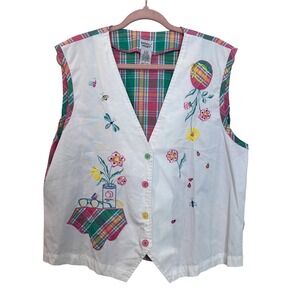 Womens Embroidered Plaid Vest Vtg Cottagecore Easter Spring Garden Grandma Large